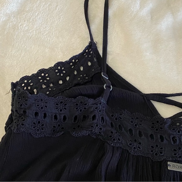 ROXY / Black Gauze Slip Dress Mini Size L Crochet Lace - Picture 12 of 15